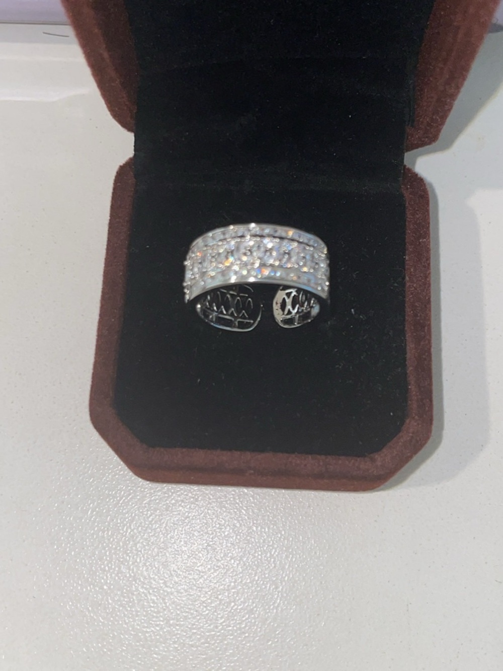 White gold plated Silver CZ Pave Wide Band Ring - White